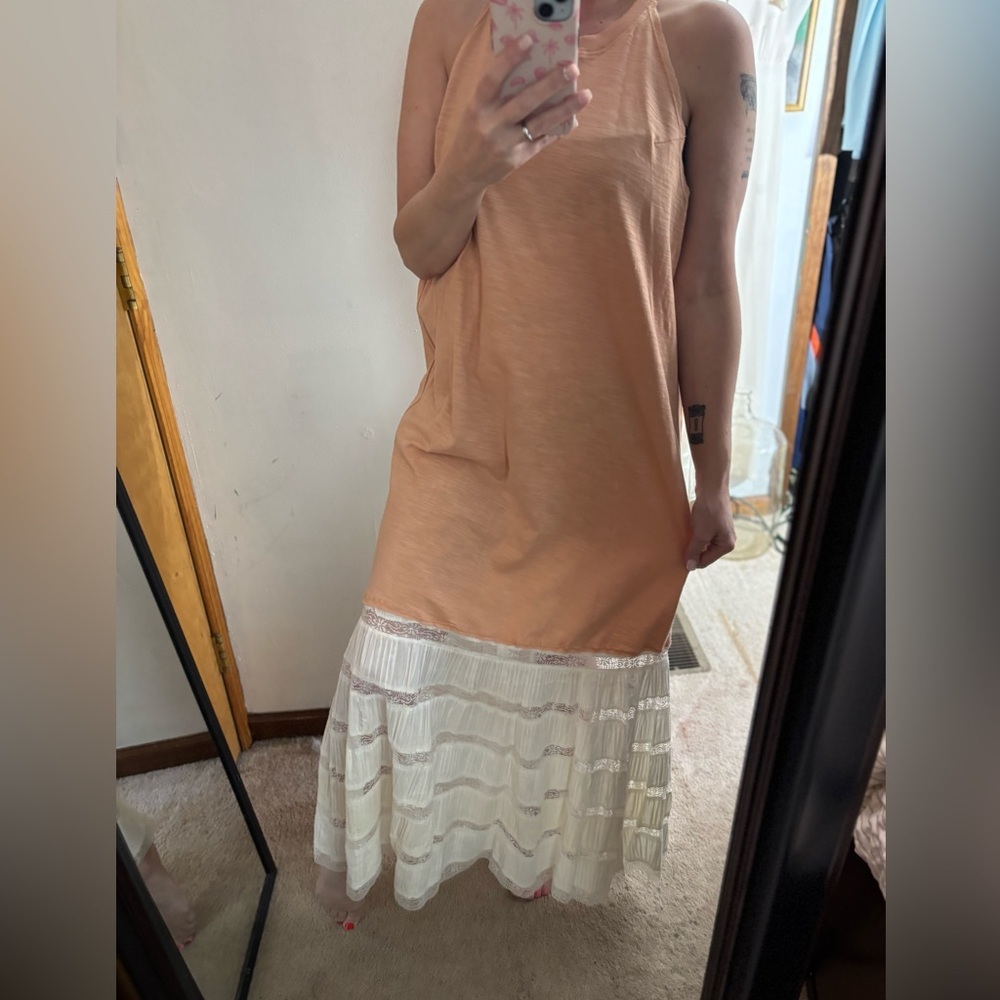 Free People Sleeveless Maxi Boho Dress White Lace Hem